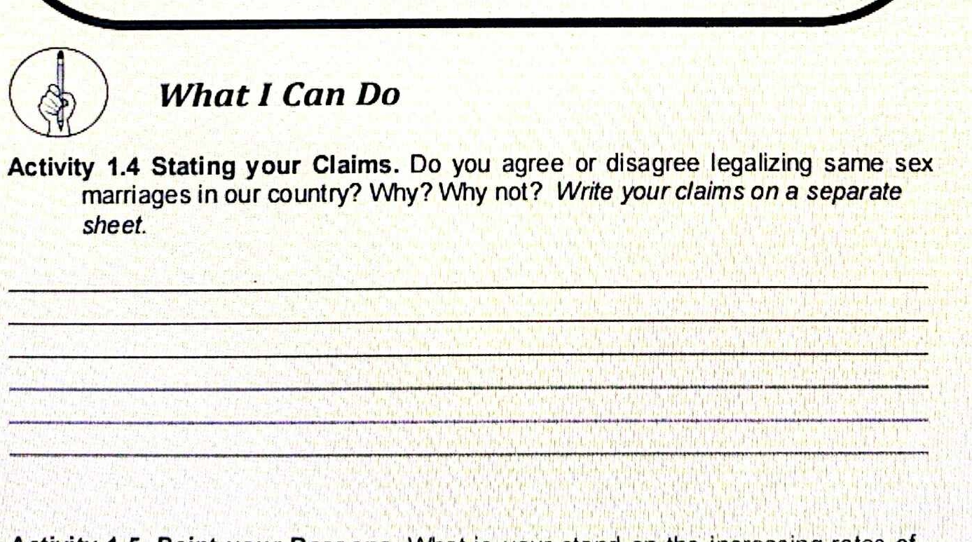 Answer it What I Can Do Activity 1.4 Stating your