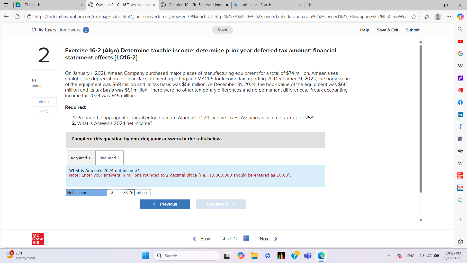 A LTI Launch X Question 2 - Ch. 16 Taxes Homewc X