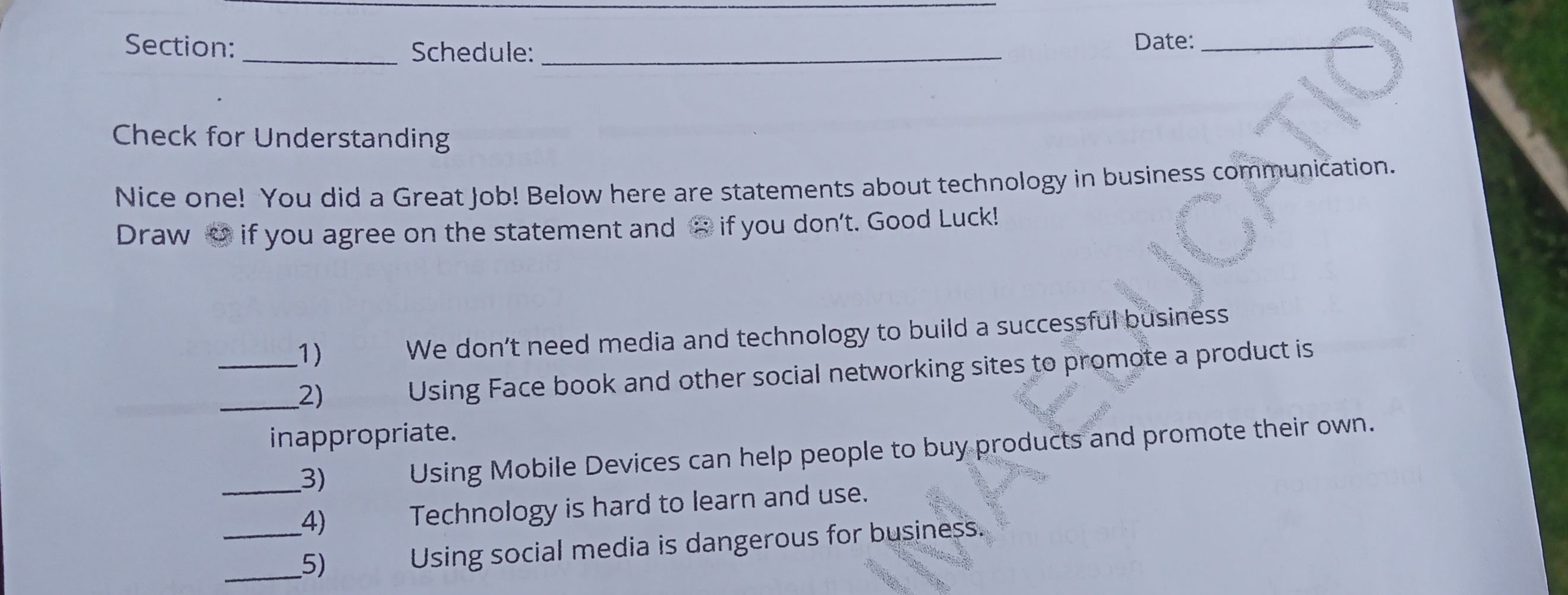 Give me answer Section: Schedule: Date: Check for