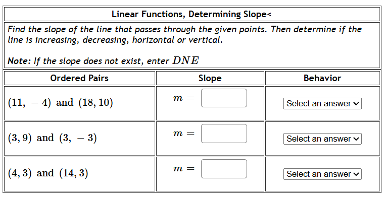 answe Linear Functions, Determining Slope < Find