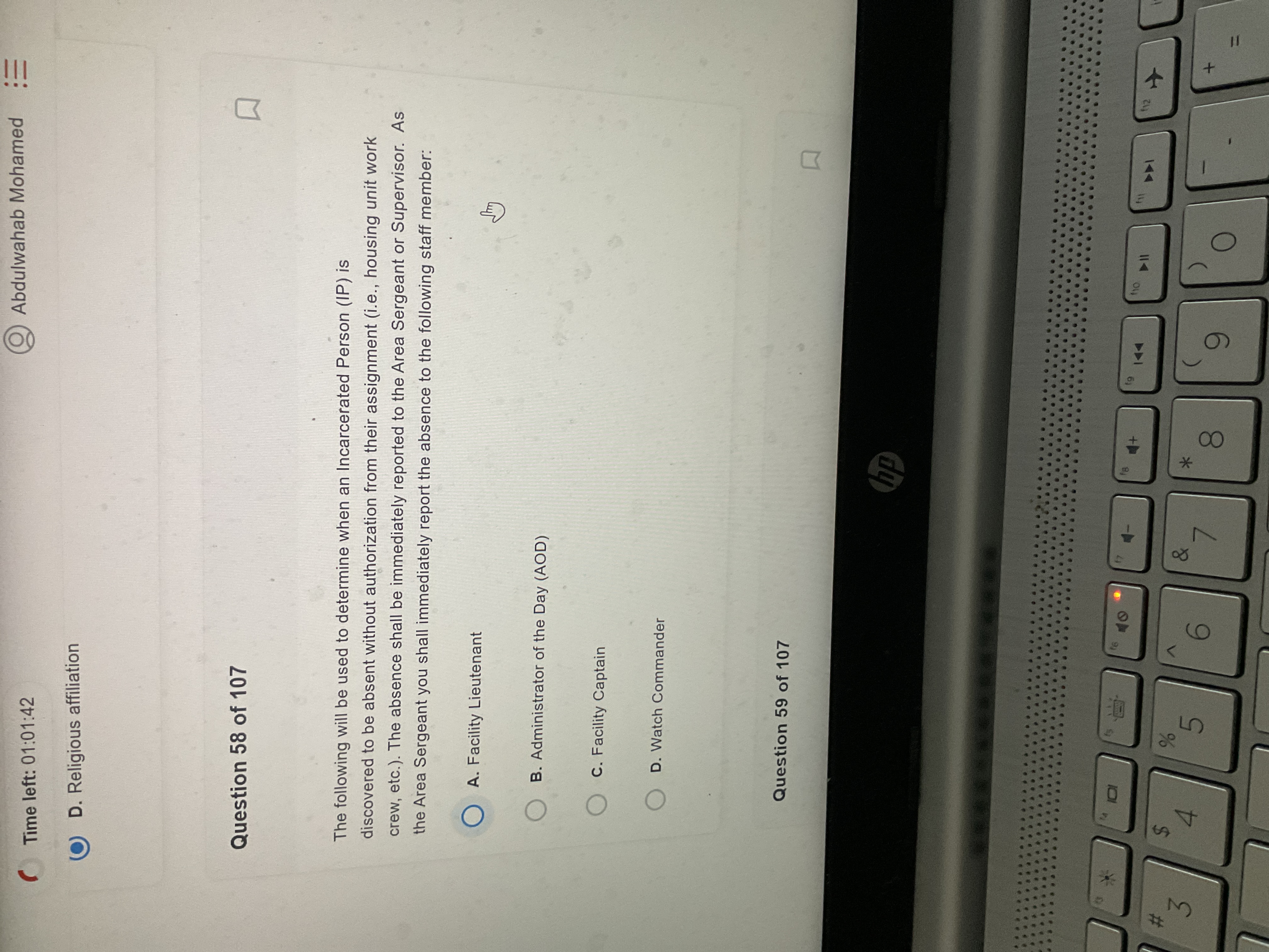 A Abdulwahab Mohamed Time left: 01:01:42 OD.