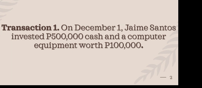 Owner investment: cash & equipment Transaction 1.