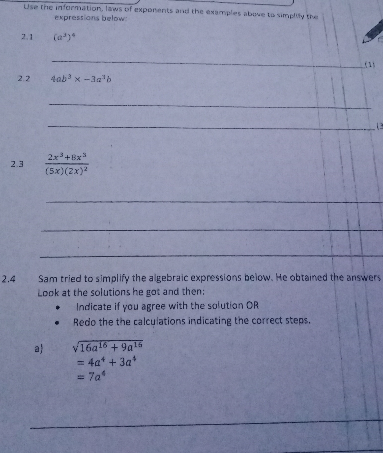 Answer for 2.1 ,2.2 ,2.3 and 2.4 Use the