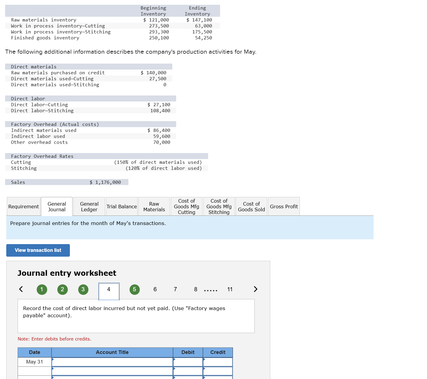 Record overhead costs paid in cash. Beginning