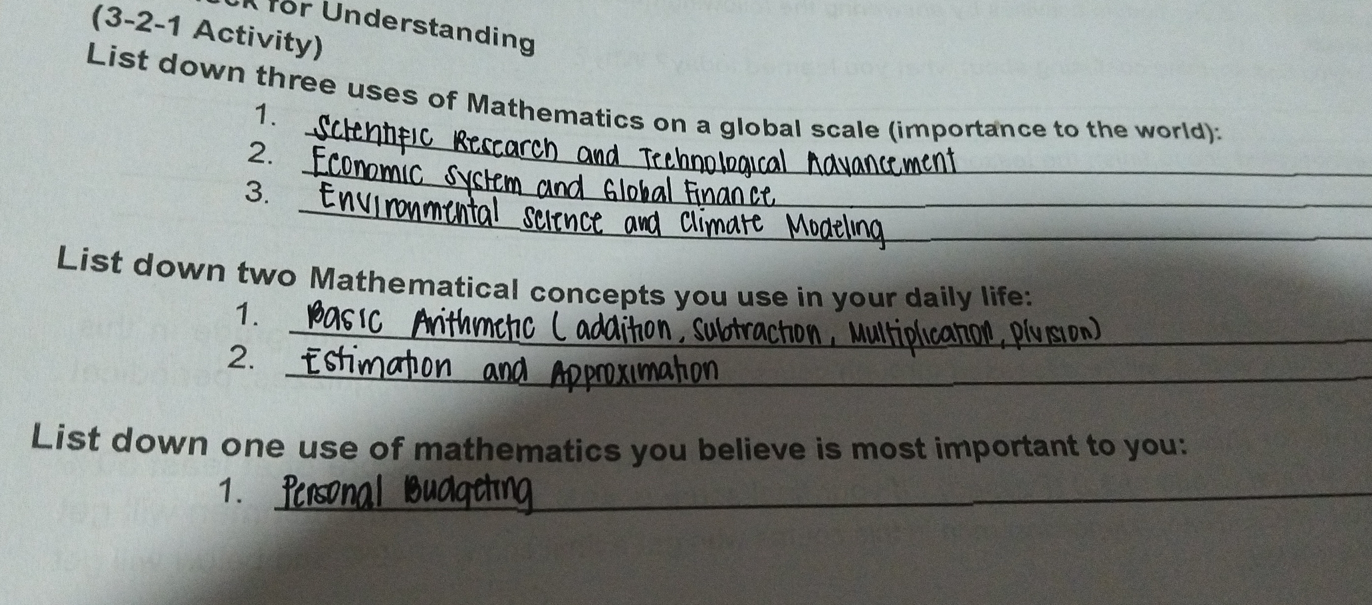 Answer this for Understanding (3-2-1 Activity)