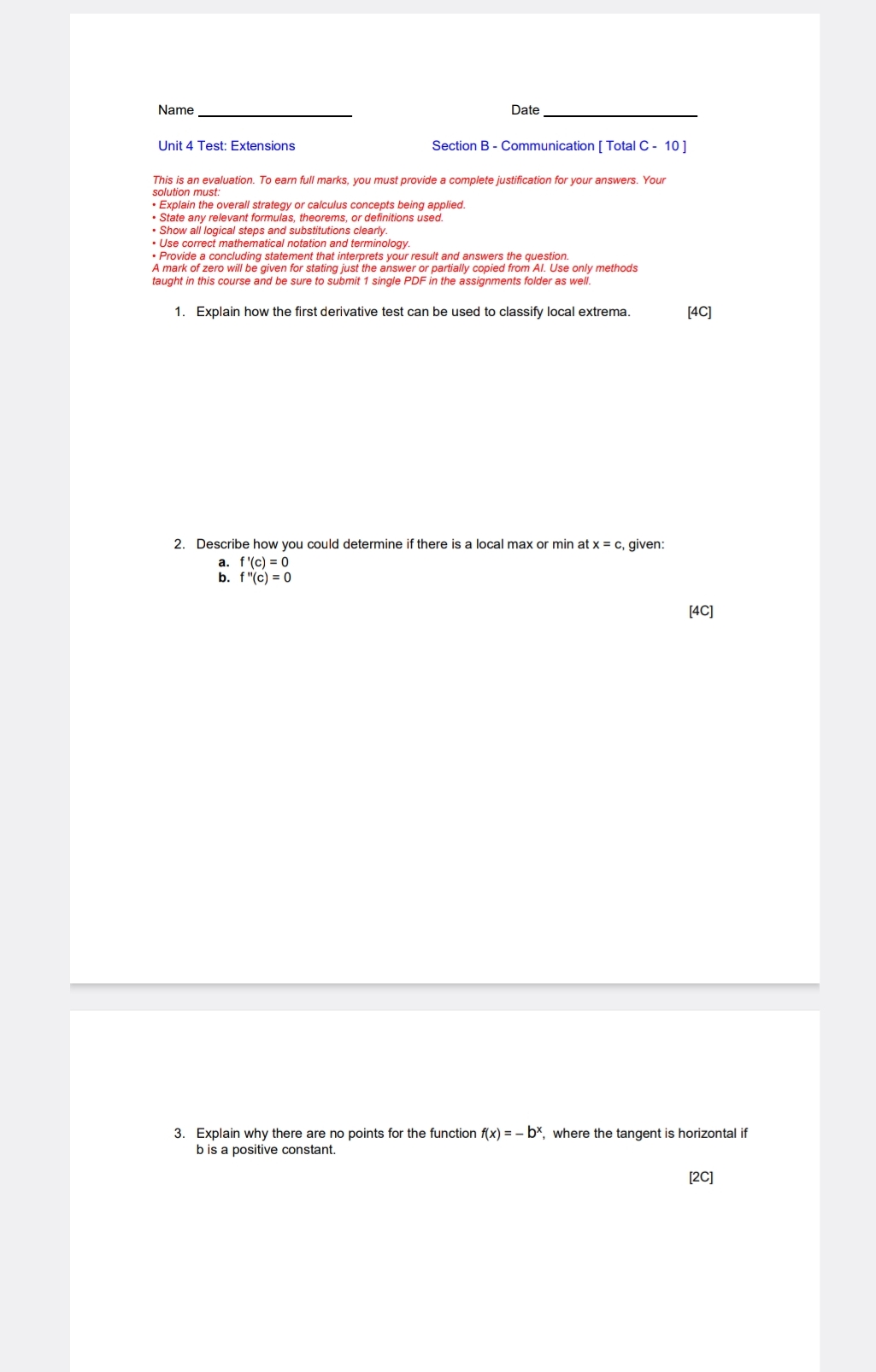 Answer it Name Date Unit 4 Test: Extensions