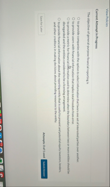 View Policies Current Attempt in Progress The