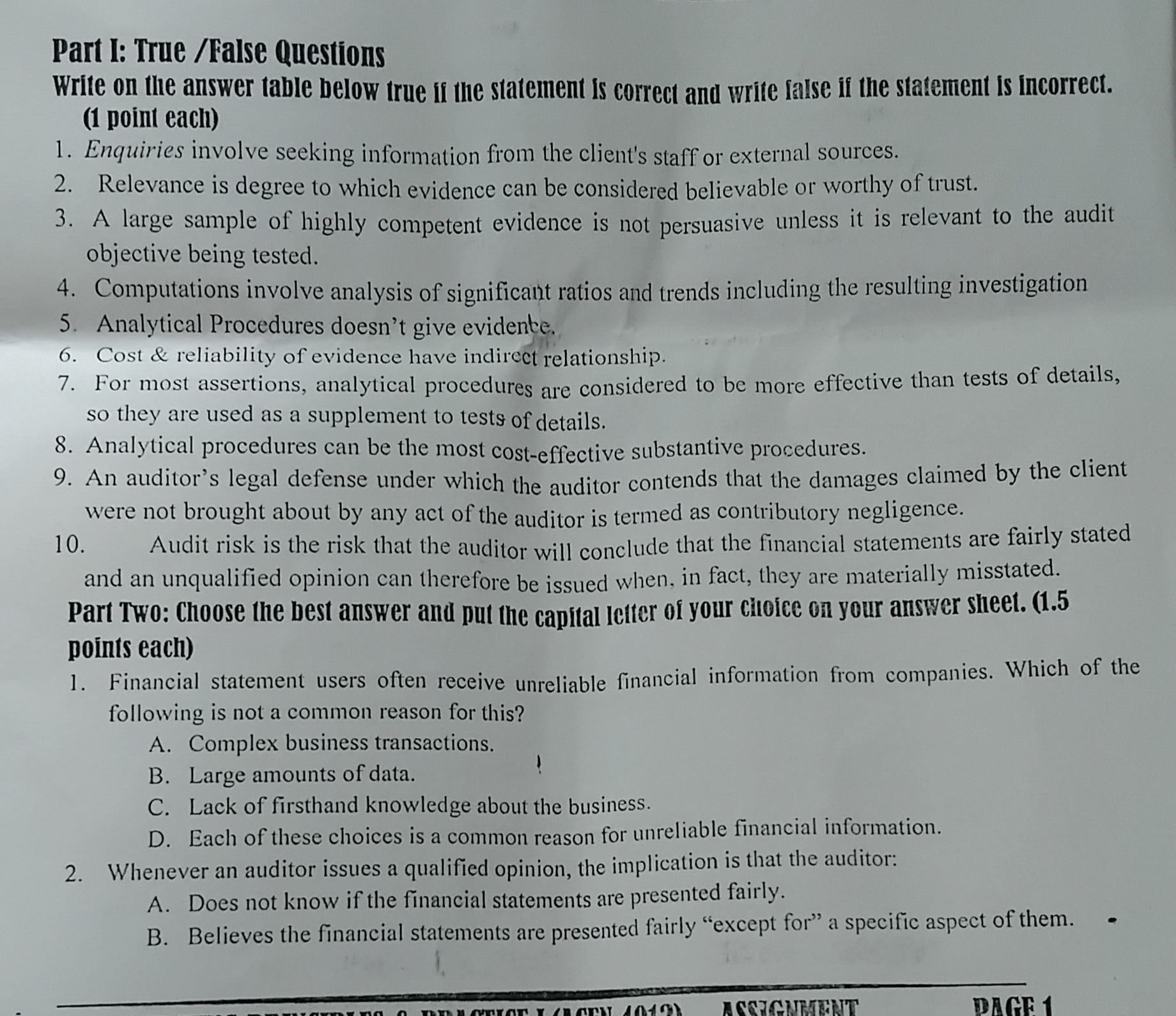 Part I: True /False Questions Write on the answer