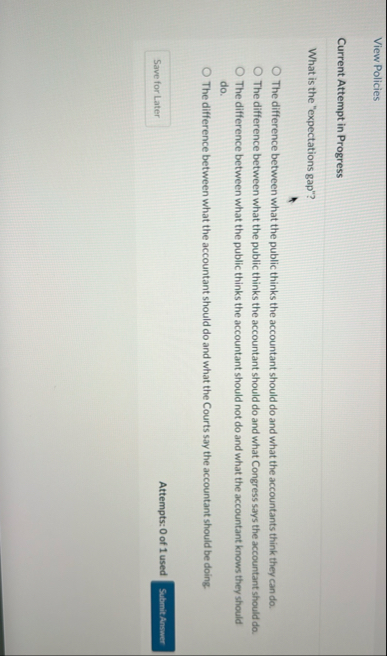 View Policies Current Attempt in Progress What is