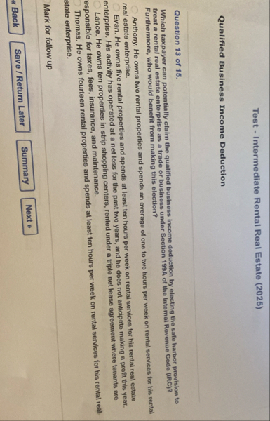 Test - Intermediate Rental Real Estate ( 2 0 2 5