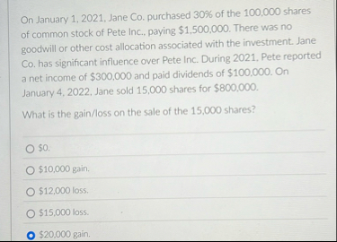 On January 1 , 2 0 2 1 , Jane Co . purchased 3 0