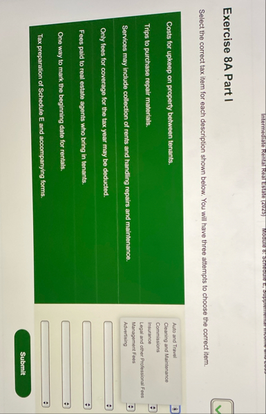 Exercise 8 A Part I Select the correct tax item