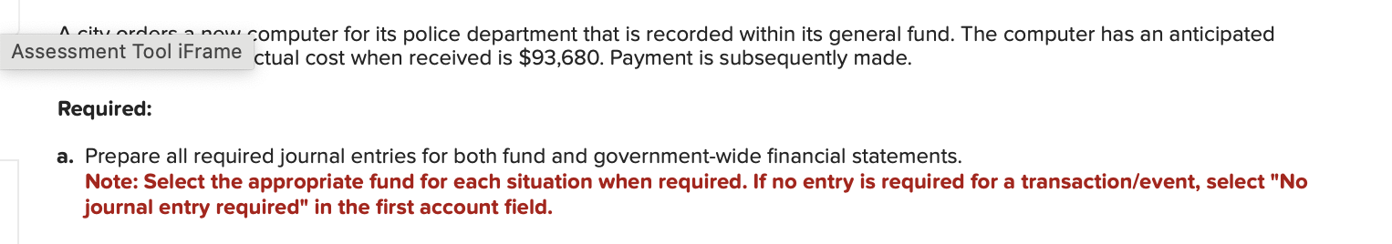 Assessment Tool iFrame ctual cost when received