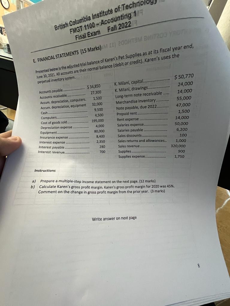 Final Exam Fall 2 0 2 2 E . FINANCIAL STATEMENTS