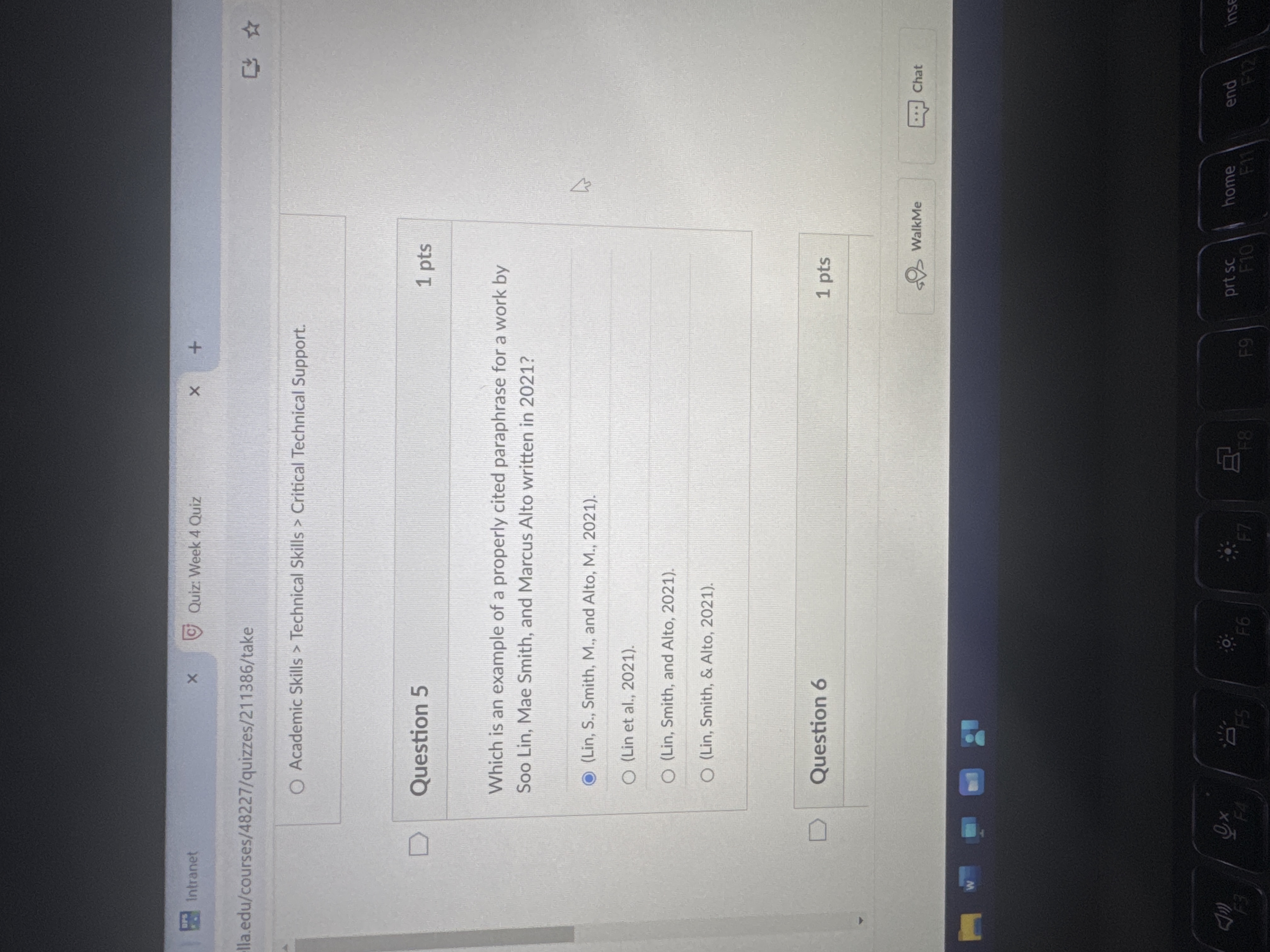 Answer this ? Intranet x Quiz: Week 4 Quiz X +