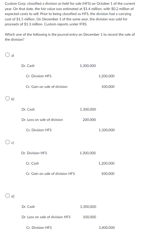 Custom Corp. classified a division as held for