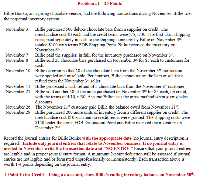 Problem #1 - 25 Points Billie Bonko, an aspiring