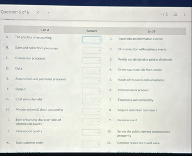 Question 6 of 6 List A Answer List B A The