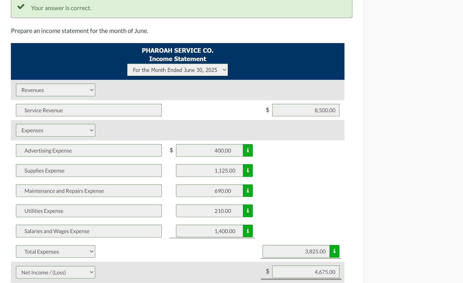 Your answer is correct. Prepare an income