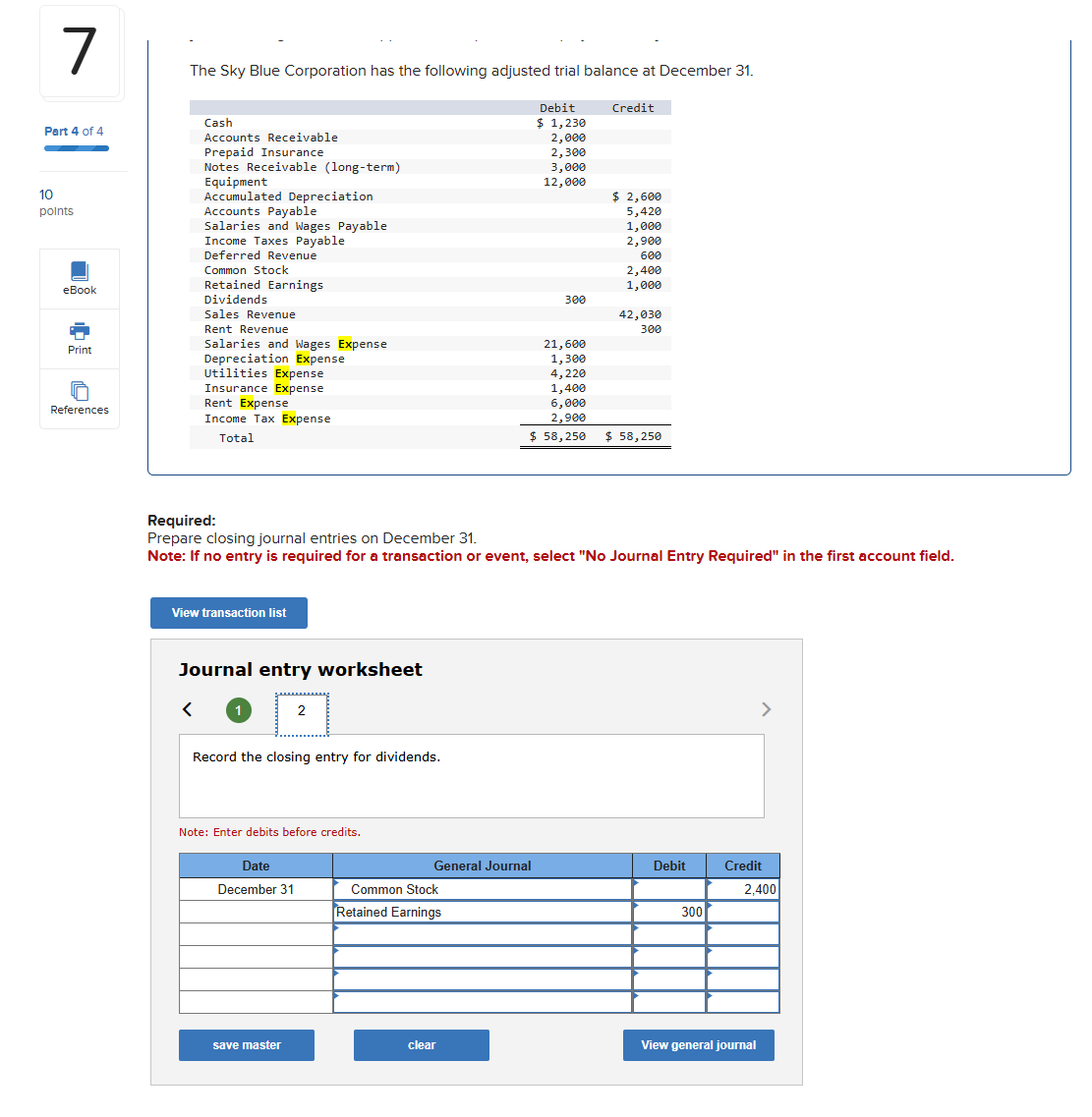 Please help me record the closing entry for