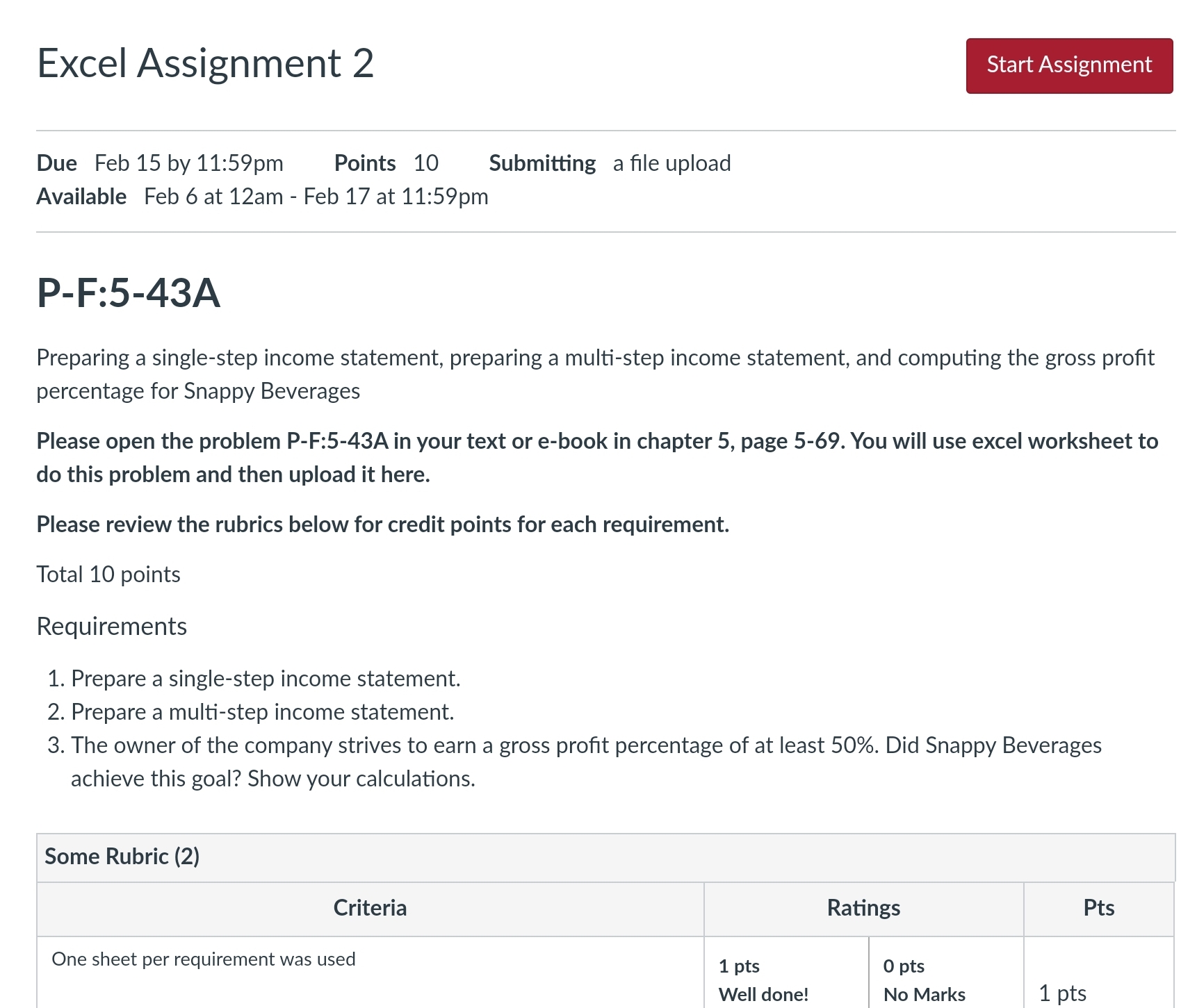 Excel Assignment 2 Preparing a single-step income