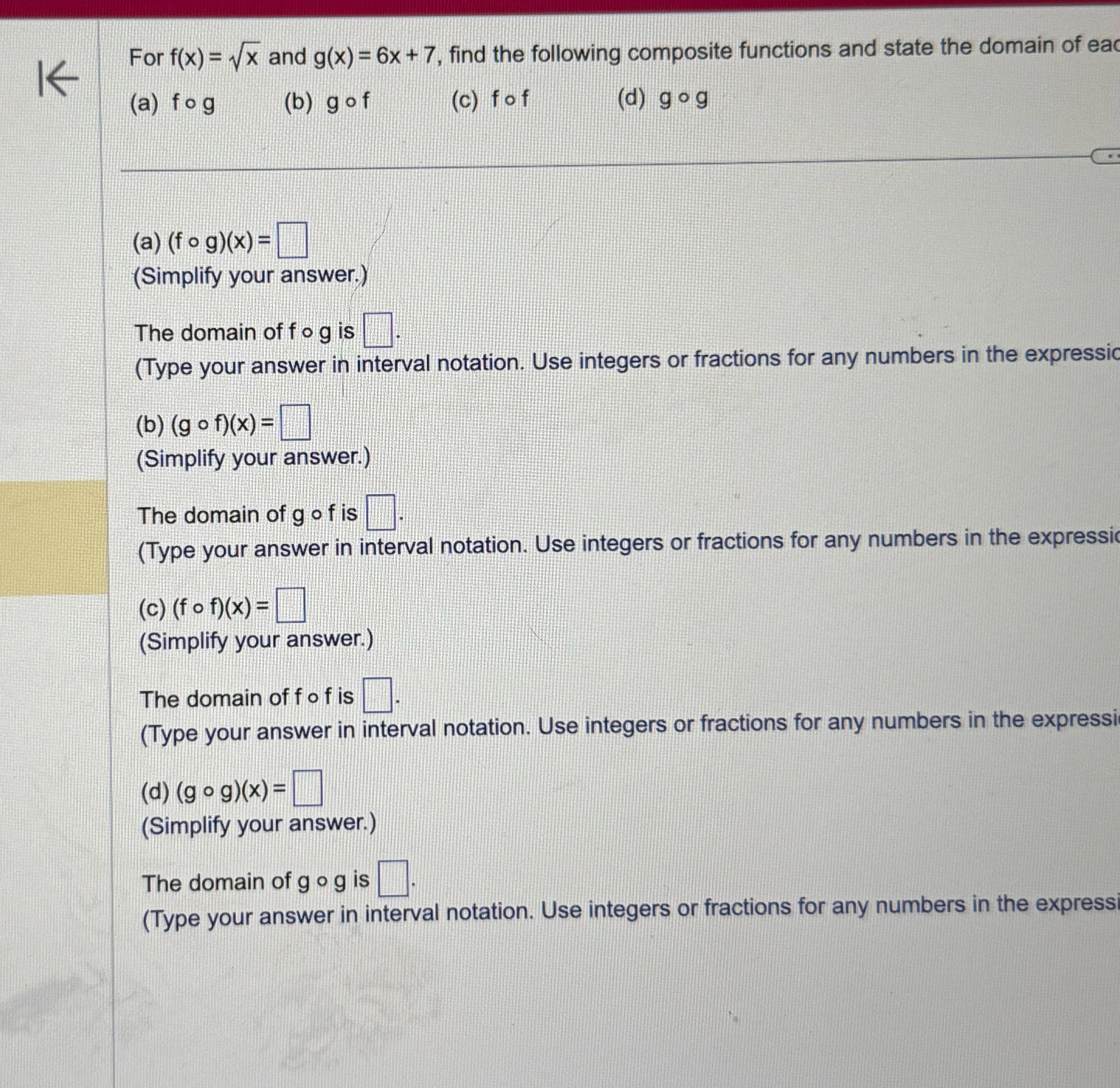 a-d For f(x) = vx and g(x) = 6x + 7, find the
