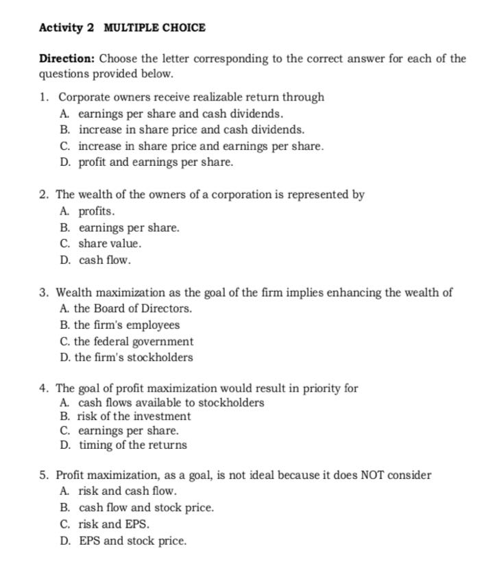 Answer this Activity 2 MULTIPLE CHOICE Direction: