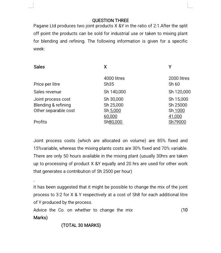 QUESTION THREE Pagane Ltd produces two joint