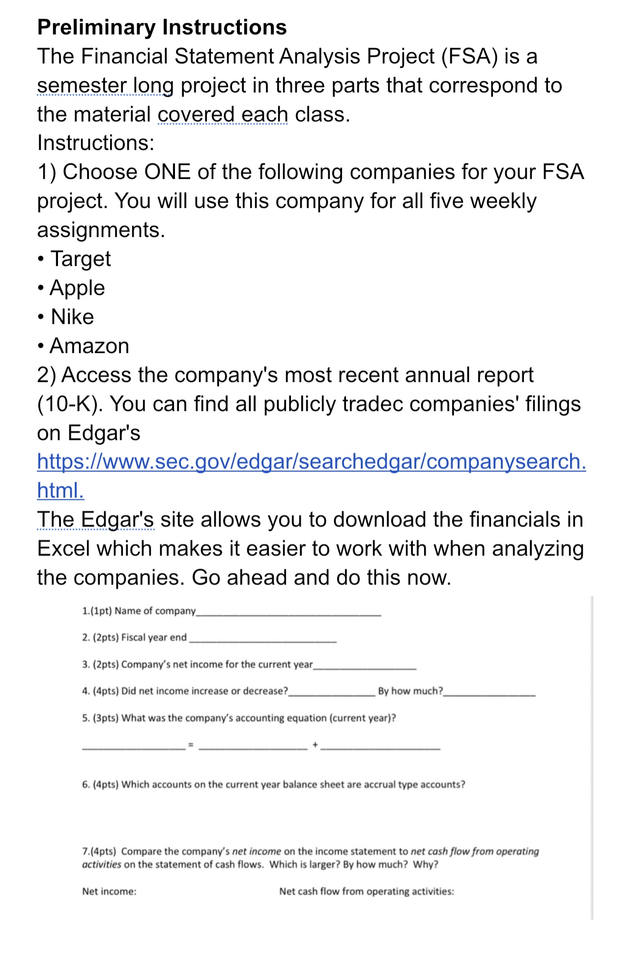 Preliminary Instructions The Financial Statement