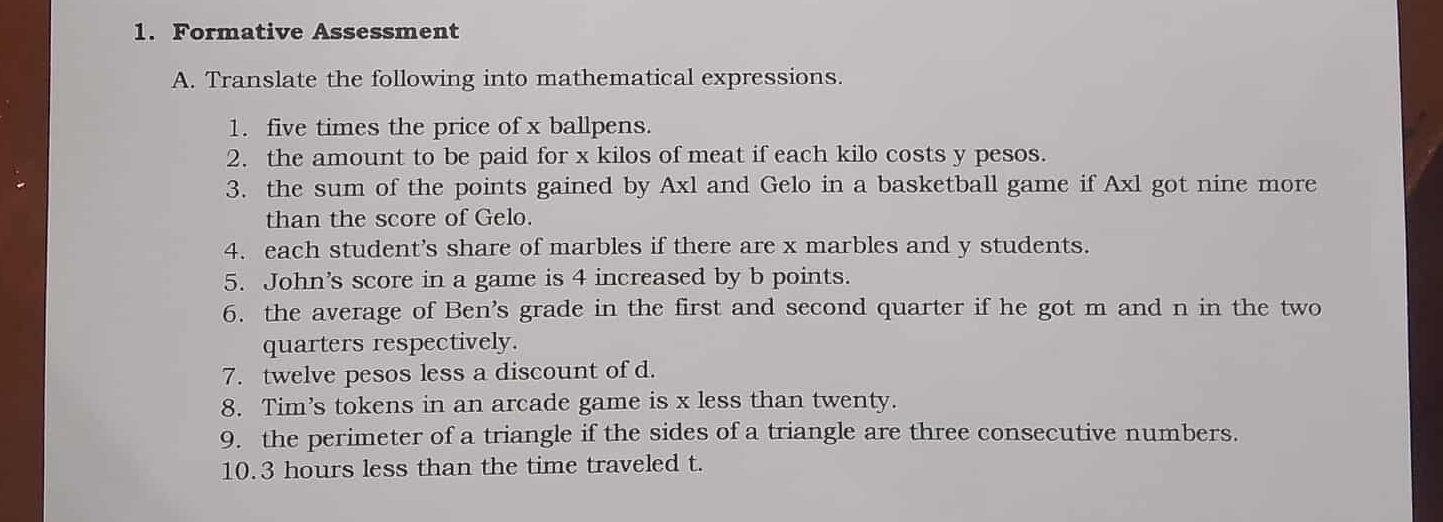 Answer this 1. Formative Assessment A. Translate