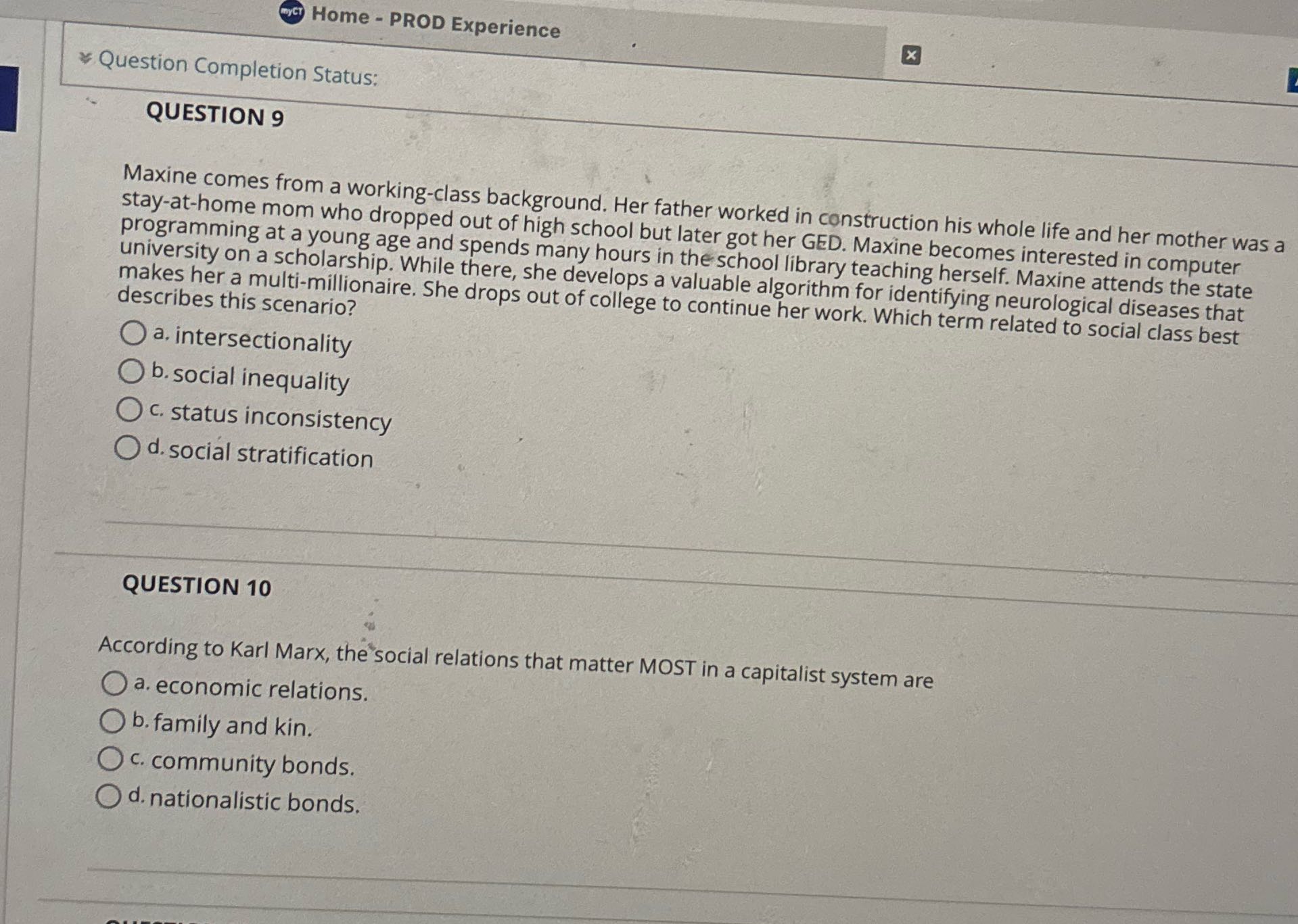 A myCT Home - PROD Experience X * Question