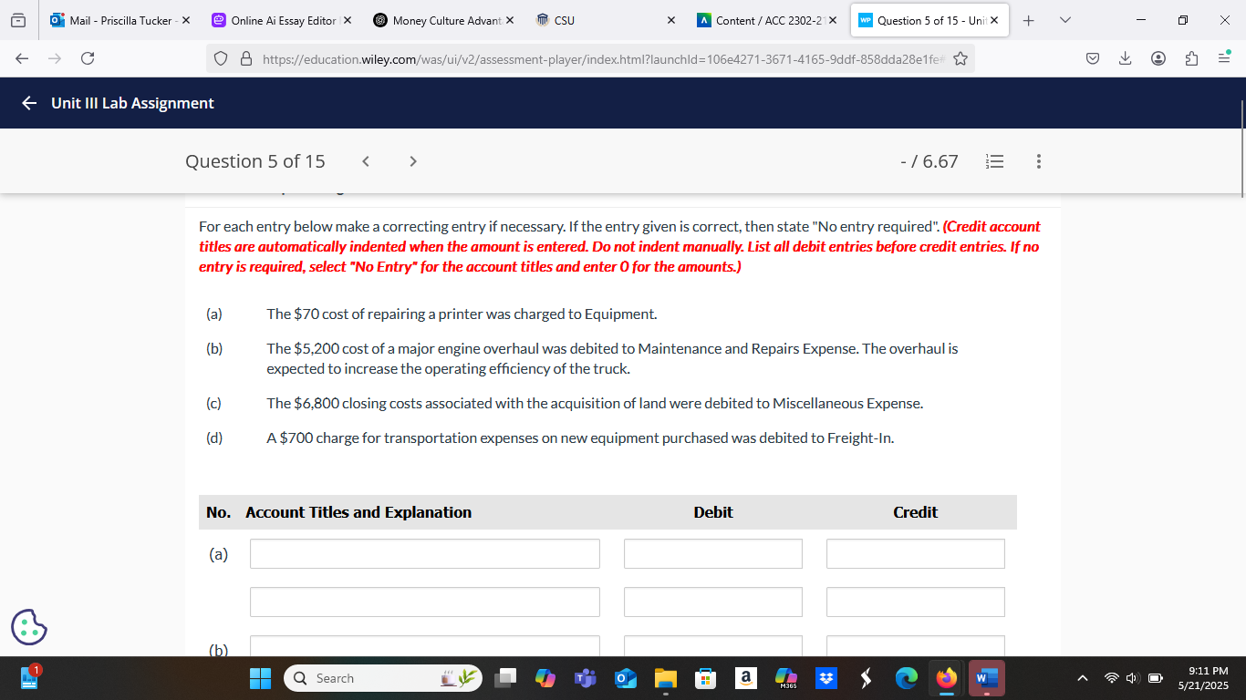 for each entry below make a correcting entry if
