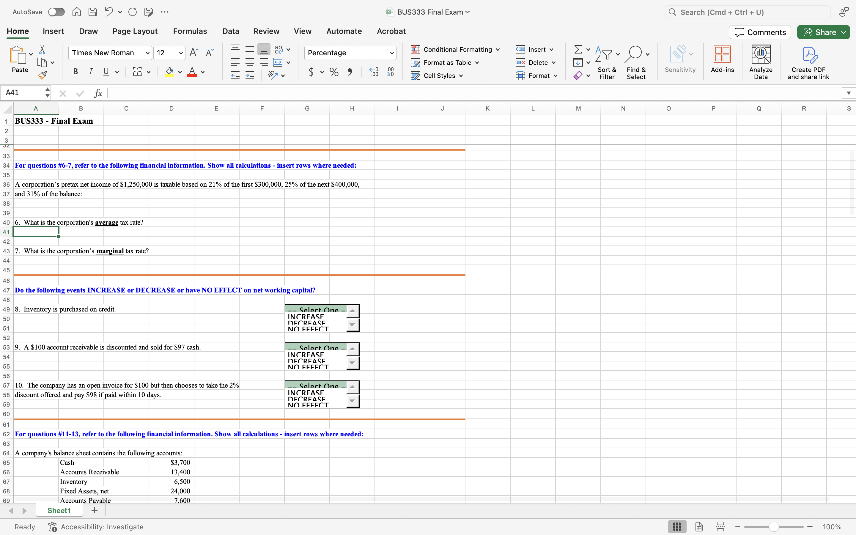 AutoSave O A A 5 . CD ... X: BUS333 Final Exam Q