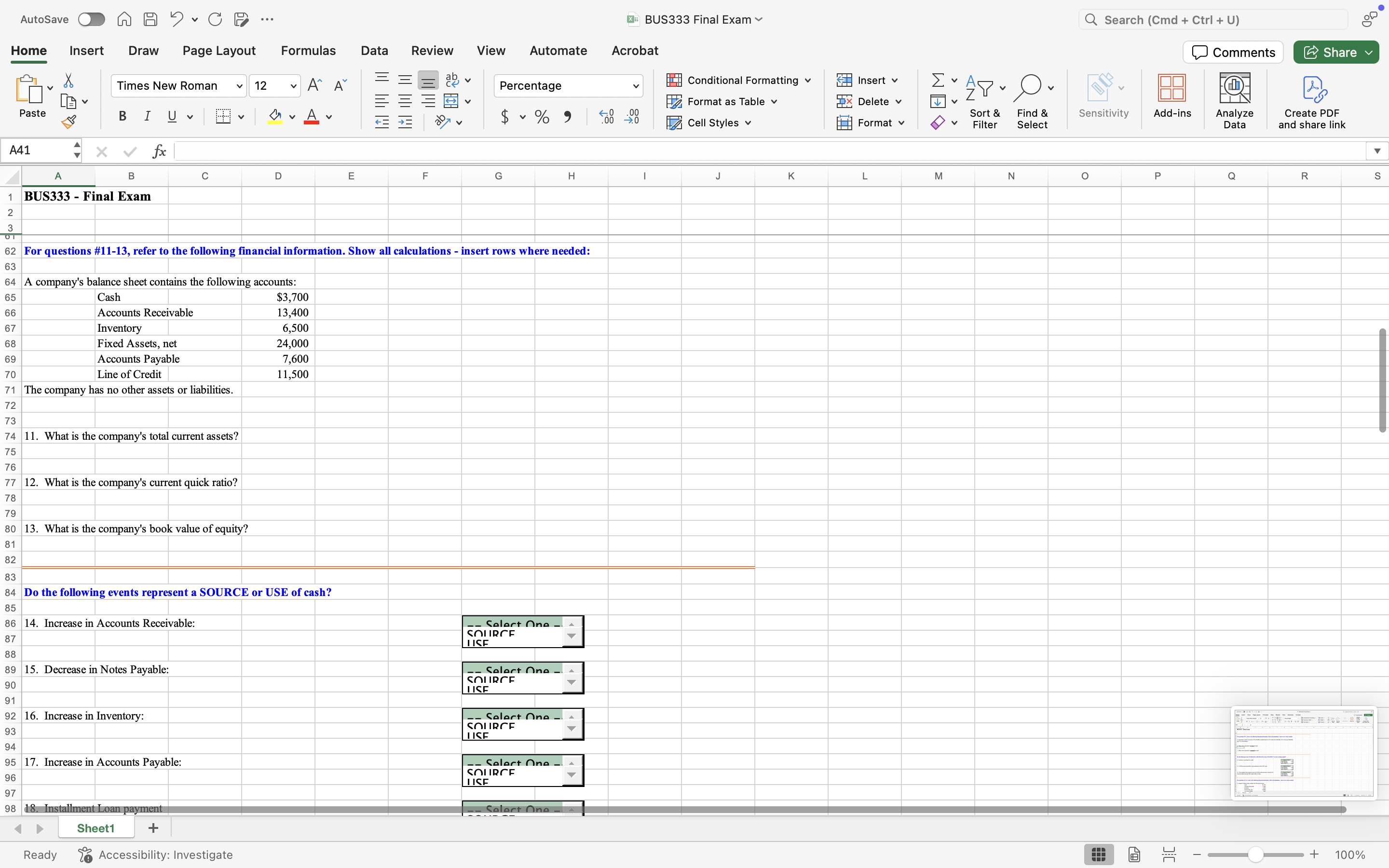 AutoSave O A A 5 . CD ... X: BUS333 Final Exam Q