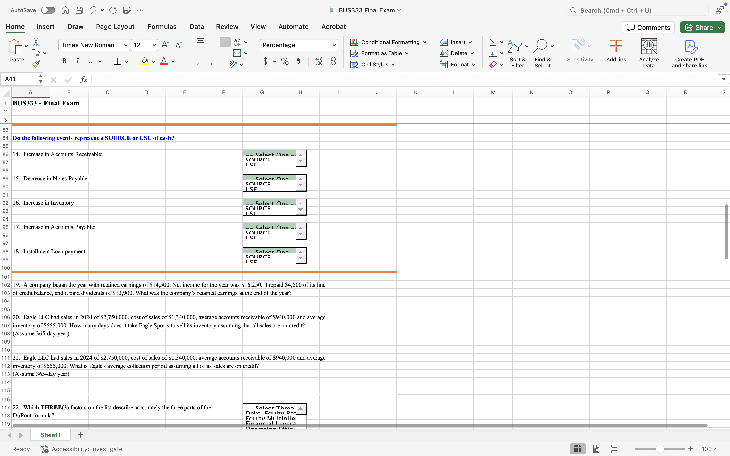 AutoSave O A A 5 . CD ... X: BUS333 Final Exam Q