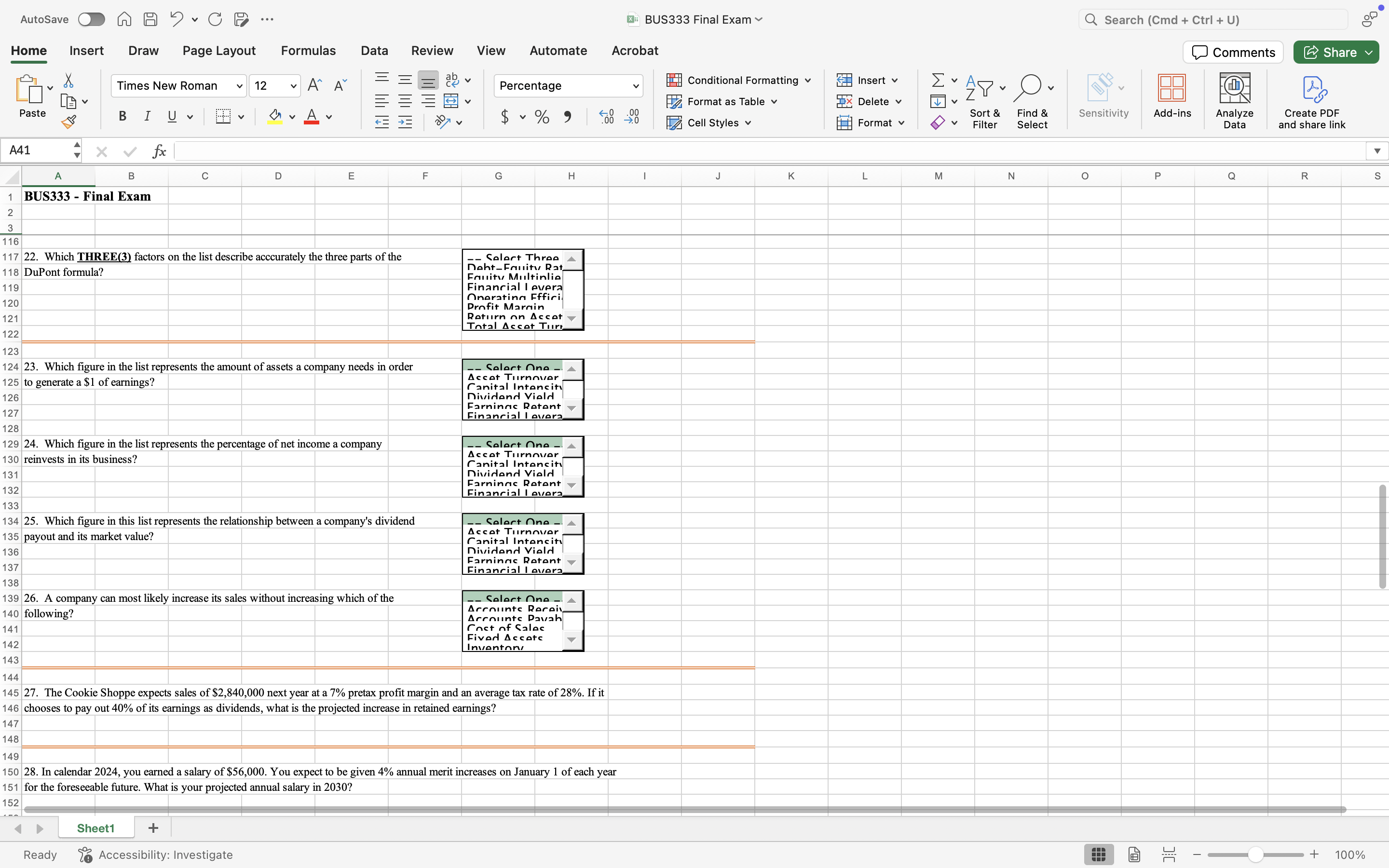 AutoSave O A A 5 . CD ... X: BUS333 Final Exam Q