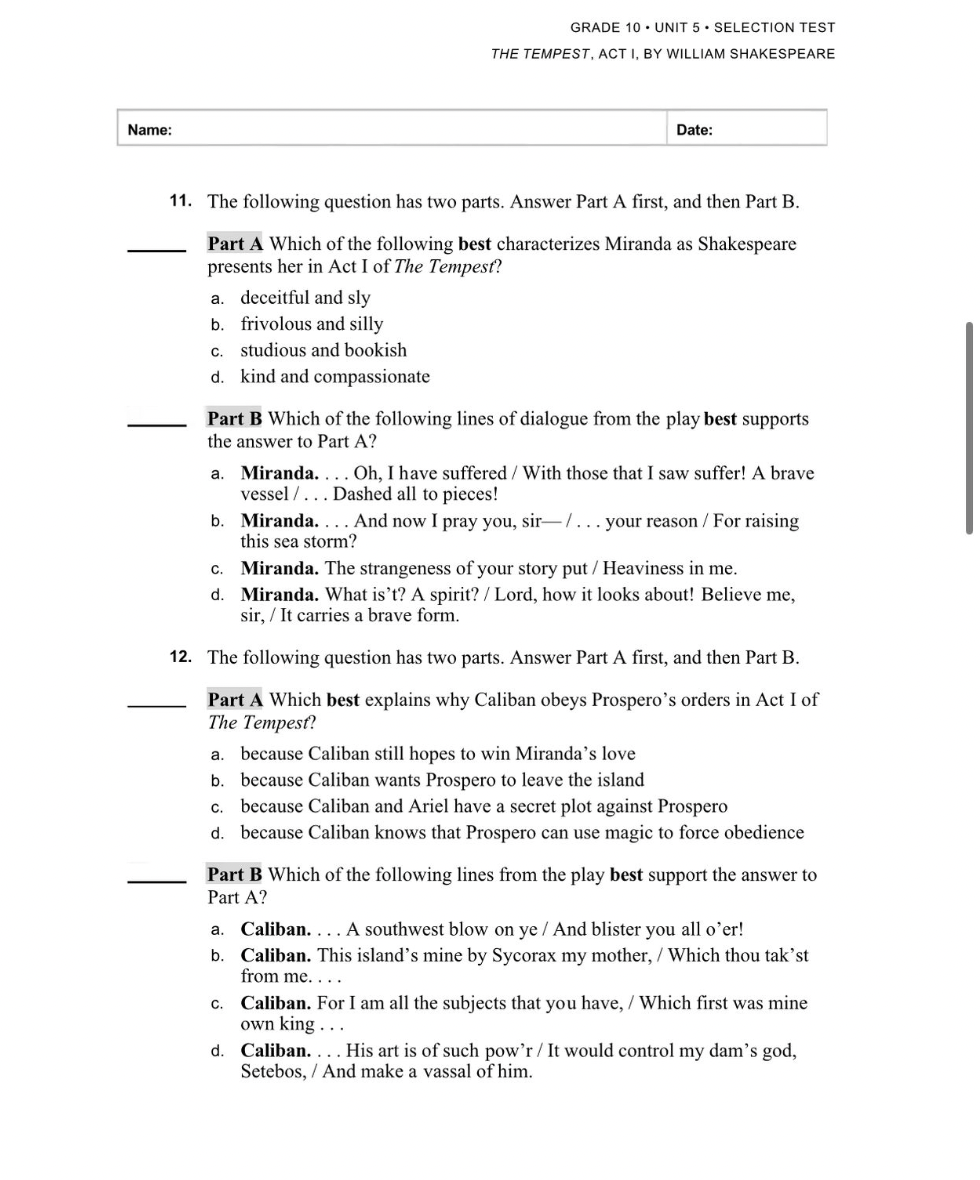 answer this 11. 12. GRADE 10+ UNIT 5 + SELECTION