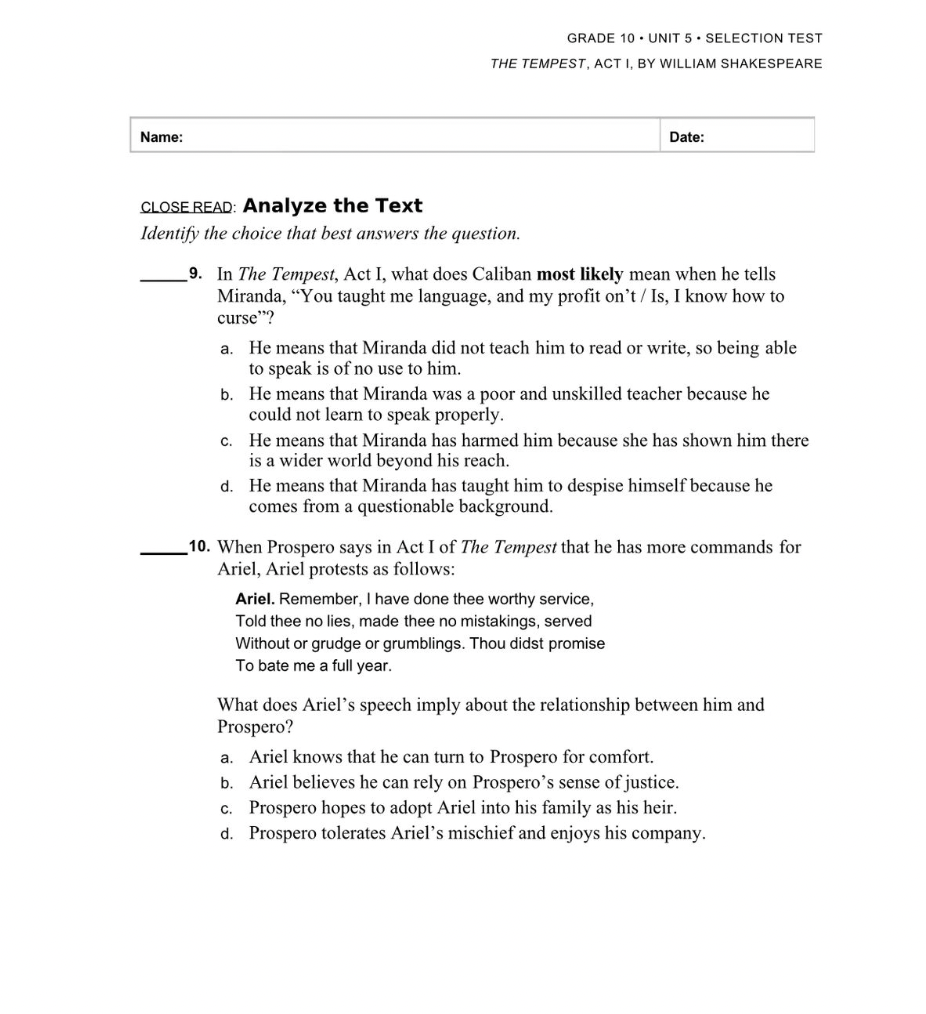 answer this: Name: GRADE 10+ UNIT 5 * SELECTION