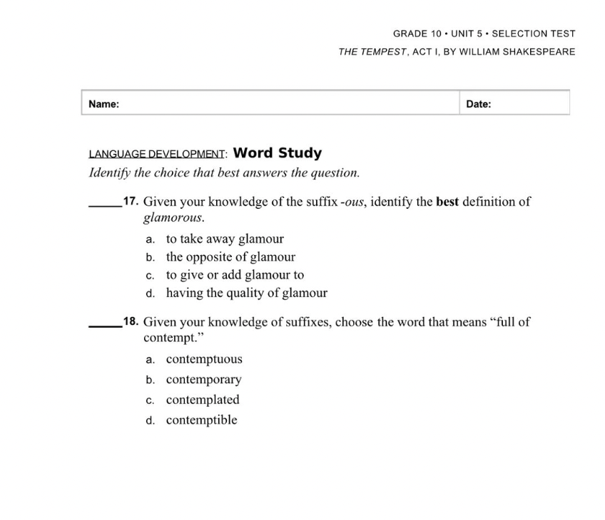 answer this Name: GRADE 10+ UNIT 5 SELECTION TEST