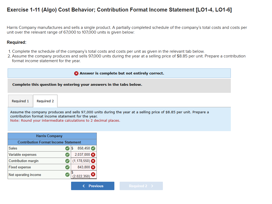 Exercise 1-11 (Algo) Cost Behavior; Contribution