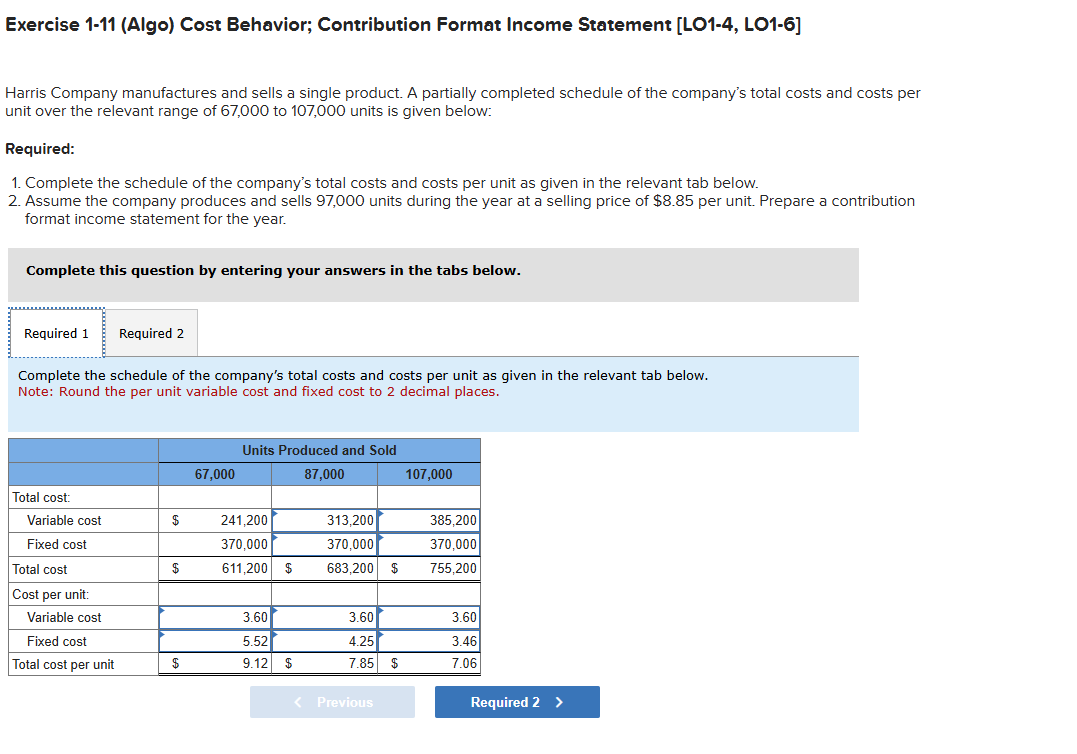 Exercise 1-11 (Algo) Cost Behavior; Contribution