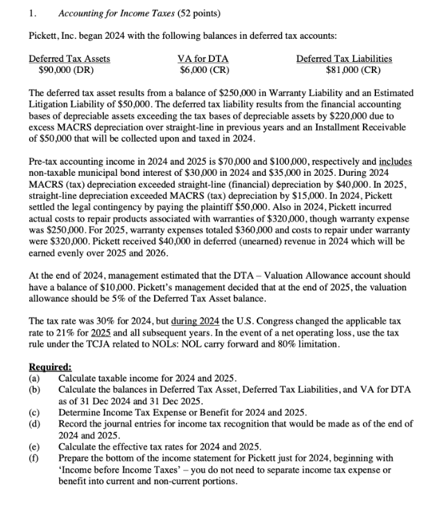 l. Accounting for Income Taxes (52 points)