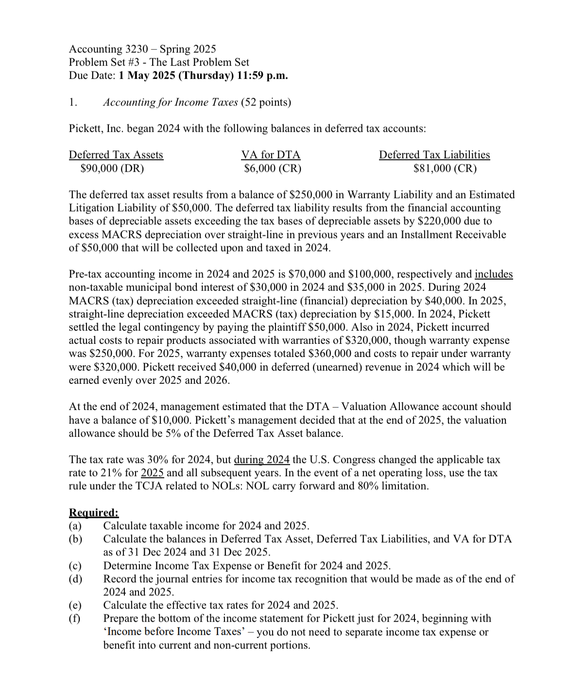 Accounting 3230 Spring 2025 Problem Set #3 - The