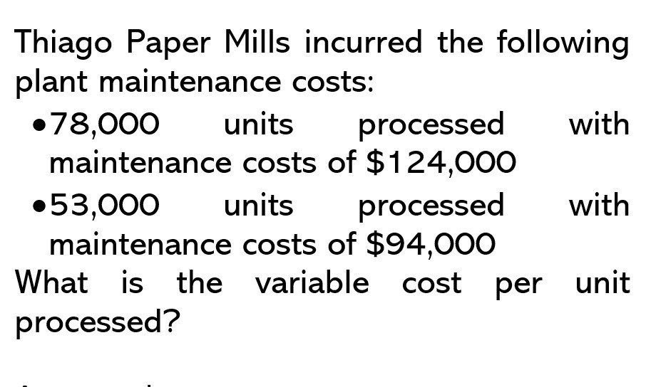 What is the variable cost per unit processed?