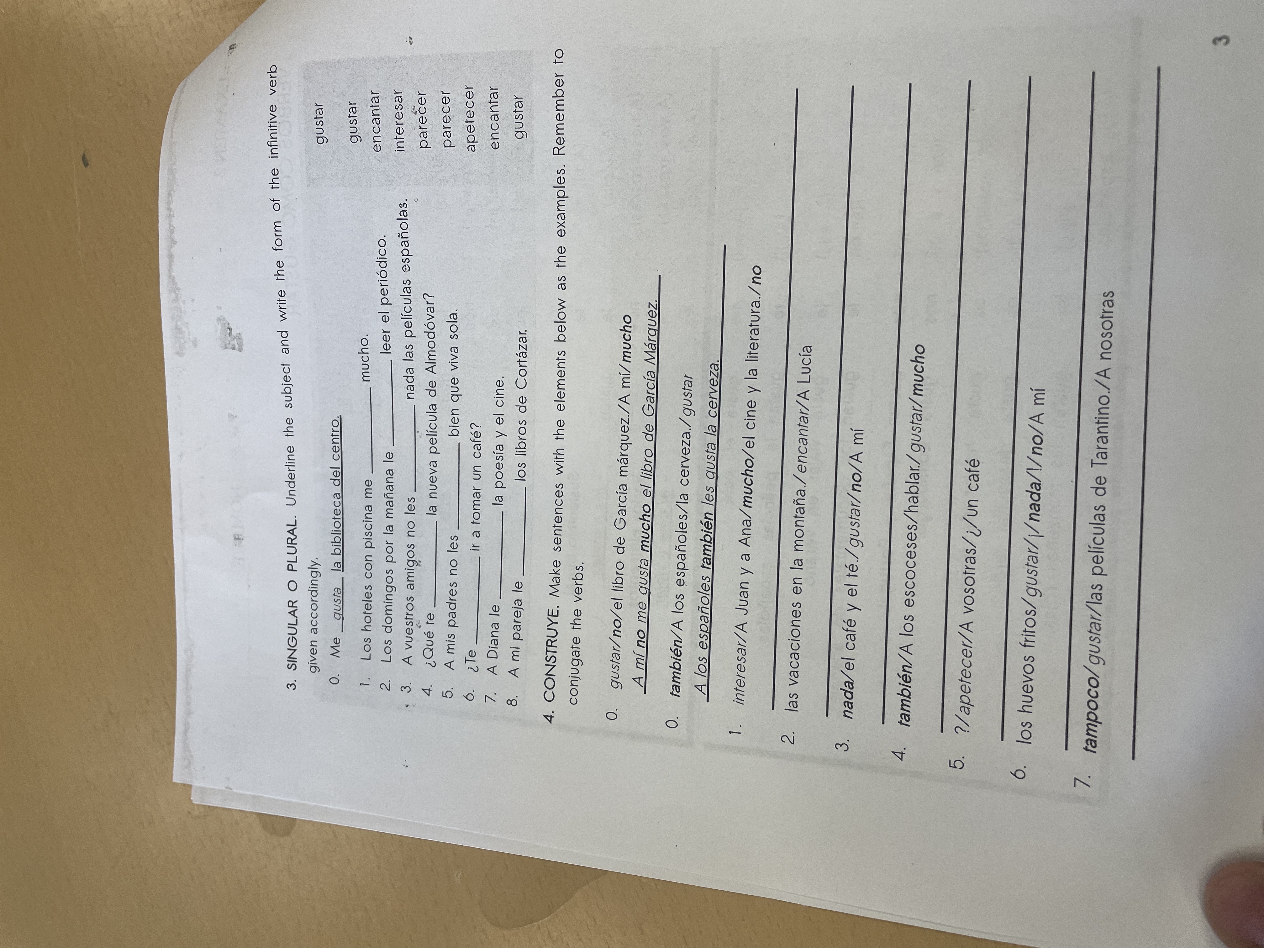 give me answer 3. SINGULAR O PLURAL. Underline