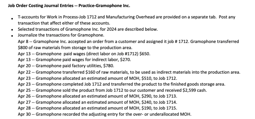 Job Order Costing Journal Entries --