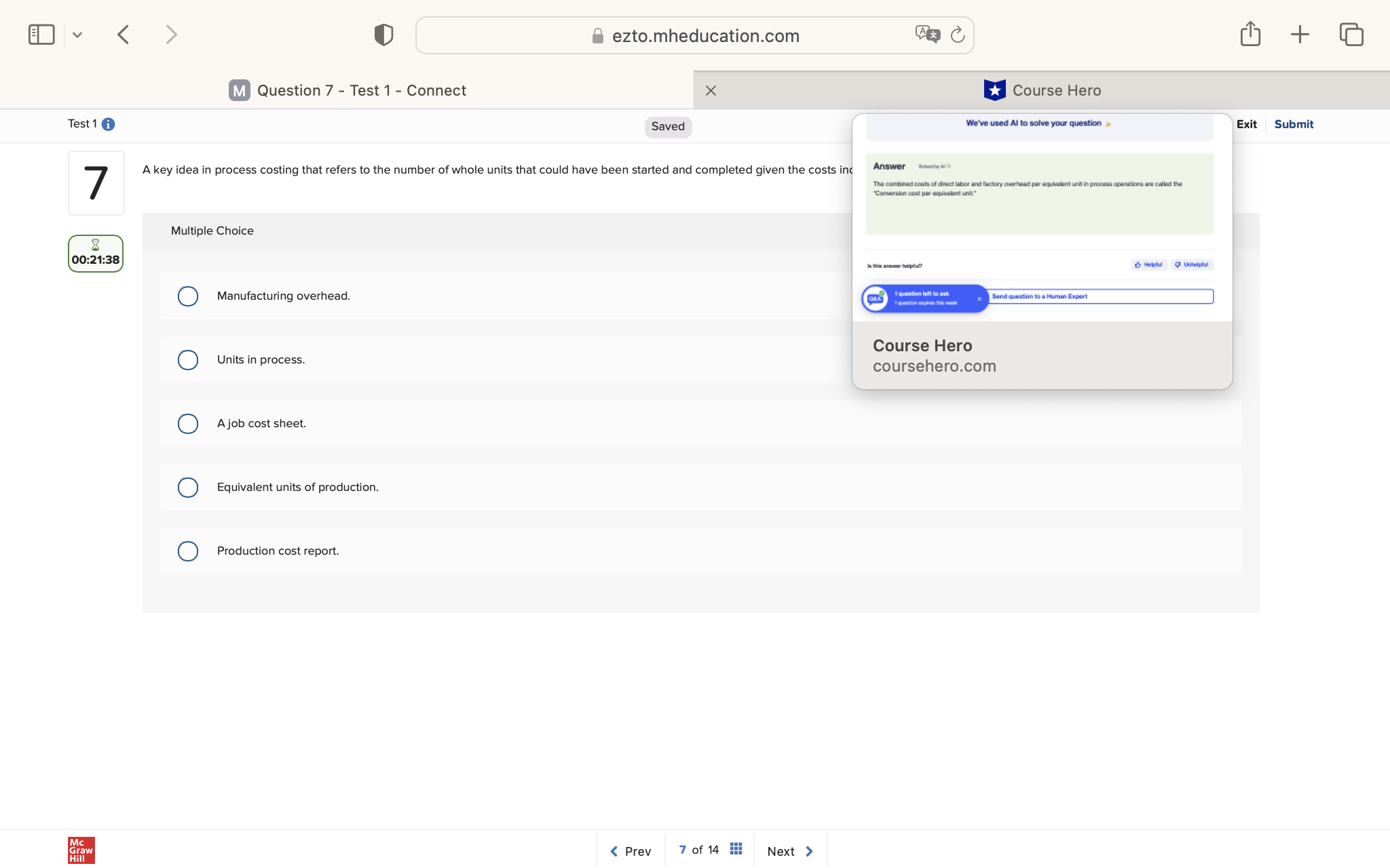 ezto.mheducation.com + M Question 7 - Test 1 -