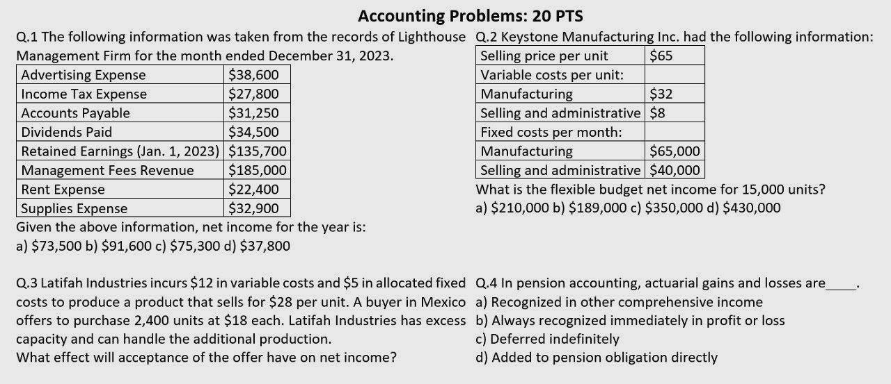 Solve the problem Accounting Problems: 20 PTS Q.1