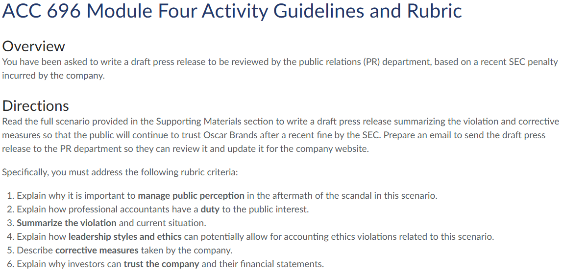 ACC 696 Module Four Activity Guidelines and