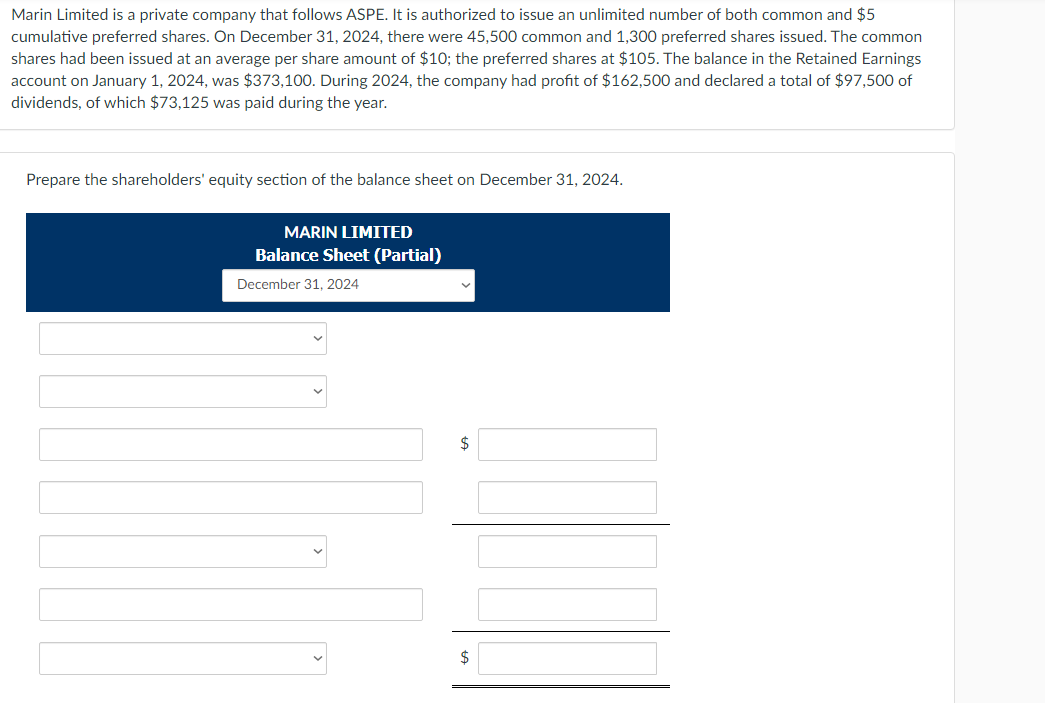 create a a balance sheet Marin Limited is a